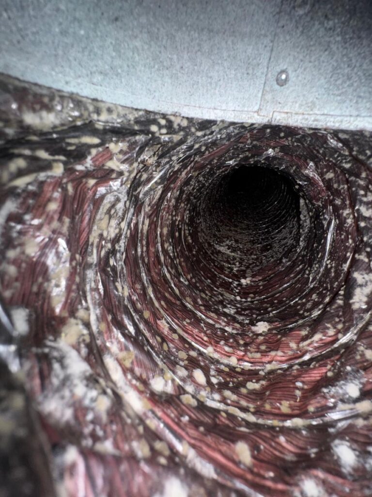 AC duct interior caked with dust and debris before cleaning